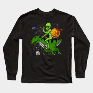 Space Alien Riding T-Rex Dinosaur Long Sleeve T-Shirt